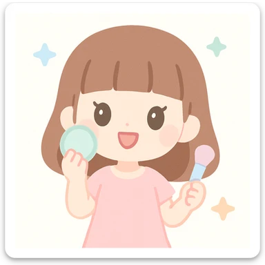 girl with brown hair styled in hime cut, light pink dress, applying makeup, cheerful vibe sticker
