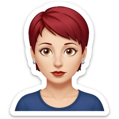 femme 40 ans, cheveux très court rouge foncé piercing sur le nez yeux marrons sticker