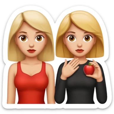 two women, one rolling her eyes, the other with hands on hips, apple emoji style sticker