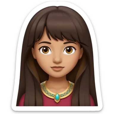 In Apple Memoji format, a girl with dark brown hair. She has bangs and her hair is long. The girl has light brown skin and arab ethnic features sticker