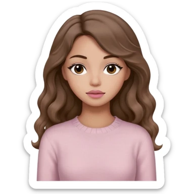 a woman with beige knit long sleeve top, her hair is long wavy brown hair, her face is soft girl style, her eyes color are black and the color of her lip is soft pink sticker