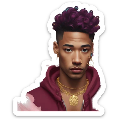 Vintage painting swirls gold jewellery baroque raven wings angel tropical Deep pink maroon burgundy cyan dark hoodie man vitiligo dyed hair gold piercings nose piercing ear piercings sticker