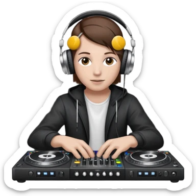 White skin dj mixing with dj booth, headphone on head, no cap, not bald, brown hair  sticker