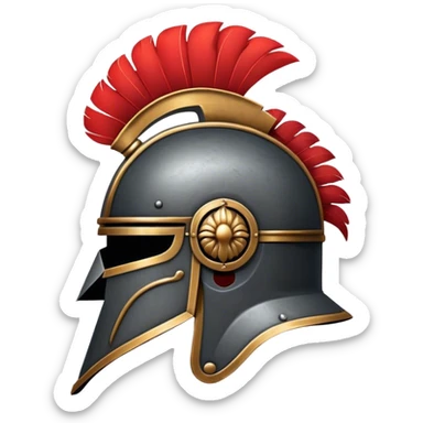 2d iron Roman Helmet facing the left, with red plumage sticker
