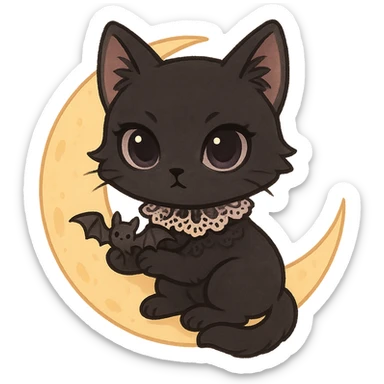 gothic cat, chibi style, pastel palette, black fur, lace collar, big eyes, cute but mysterious, holding a tiny bat, sitting on a crescent moon sticker