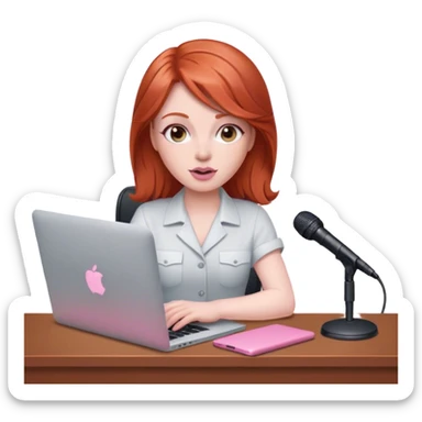 Redhead sat at desk with pink MacBook and microphone  sticker