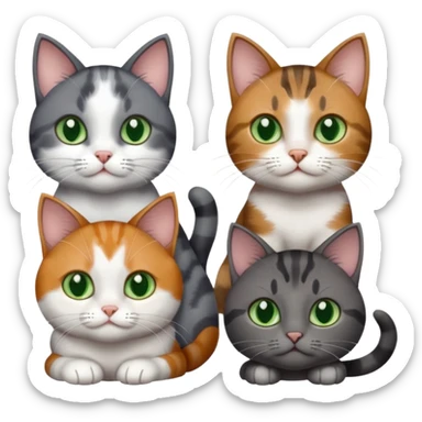 4 different coloured small cats including a dark grey and white, and a patchy calico, and a brown tabby and white,  and a completely solid dark grey with green eyes and only white paws sticker