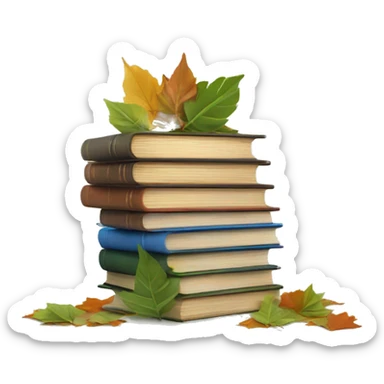  A stack of miniature books with leaves scattered around. sticker