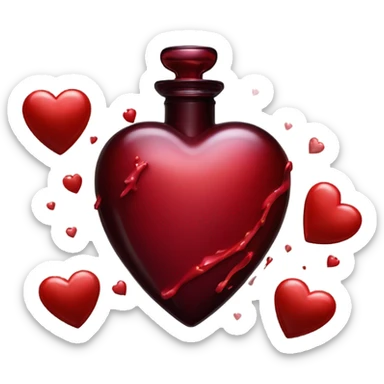 Dark red aesthetic perfume bottle with red bleeding hearts and an ink bottle sticker
