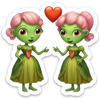 a green alien woman in Victorian orange dress, pink hair,holdig, red big hearth, full body sticker