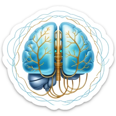 Pearlescent and light blue floating capsule suspended in front of an ethereal brain illuminated by golden electrical pulses branching into a neural network pattern, awakening lucidity. A soft light also surrounds a small liver symbol, all rotating in an aura of focus and internal connection sticker