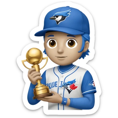blue jay wearing bluejays MLB baseball cap, holding trophy 🏆 over his head sticker