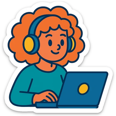 vibrant toon style curly hair girl with headphones and a laptop sticker