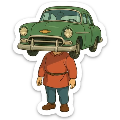 ghibli style character with a body and the face of a Chevrolet automobile sticker