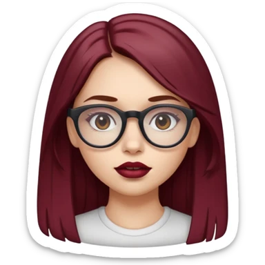 white-skinned girl with long brown hair with maroon highlights under hair, brown glasses, brown lipstick sticker