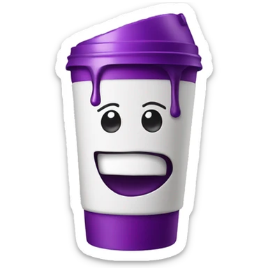 Styrofoam double cup with purple liquid inside, and a dizzy face on the outside sticker