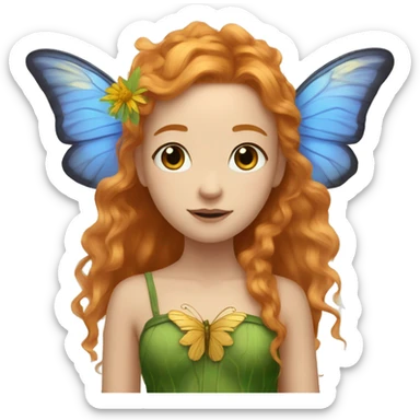 Beautiful, cornflower, fairy, green, gold, chest length ginger hair, big green and gold butterfly wings sticker