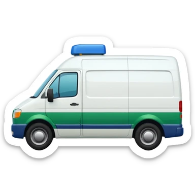 a white modern delivery van with green and dark blue color on the side.  sticker