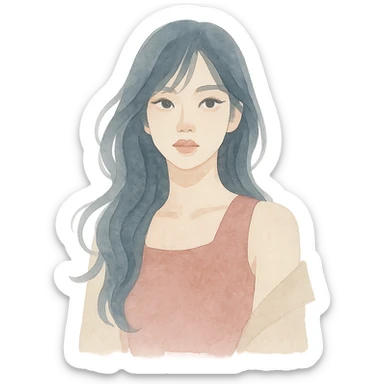K-pop idol inspired by Blackpink, flowing hair, expressive eyes, chic clothing, watercolor art style sticker