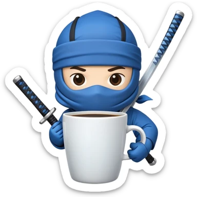 A cartoon to-go coffee cup with a blue ninja headband around the lid and holding a katana sword sticker