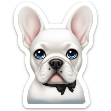 White female french bulldog with blue eyes wearing a black bow sticker