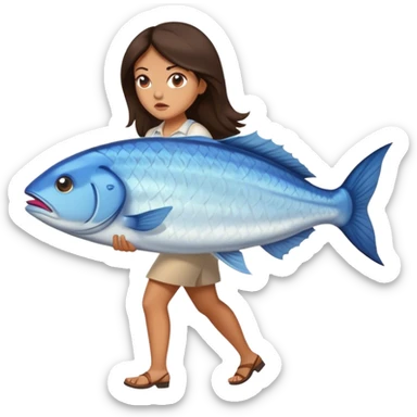 Annoyed Brunette Woman walking with huge fish sticker