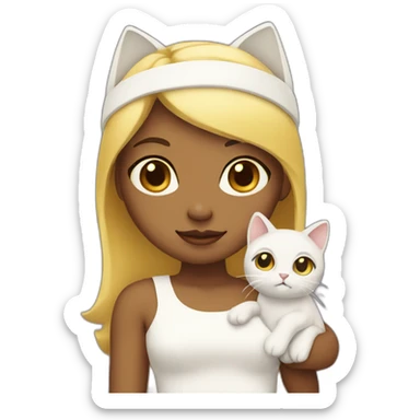 A yellow Girl, wearing a white dress and a white headband, holding a cat sticker