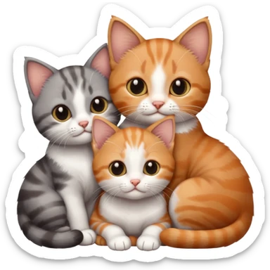 3 very small kittens cuddling together all different colours, the first one is grey and white, the second is ginger and white and the third is brown tabby and white sticker
