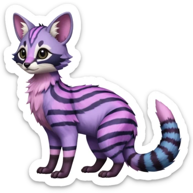Cute elegant hyper-realistic lifelike furry Indigo, purple, violet, pink, Civet-Genet-Possum-Serval-Caracal-Sergal-Trico-Numbat-Furret-fusion-Fakemon-hybrid-creature (full body) with long tufted ears and a striped tufted tail  sticker