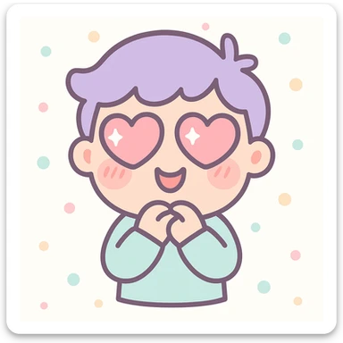 cartoon man with heart eyes, blushing with love, kawaii style sticker