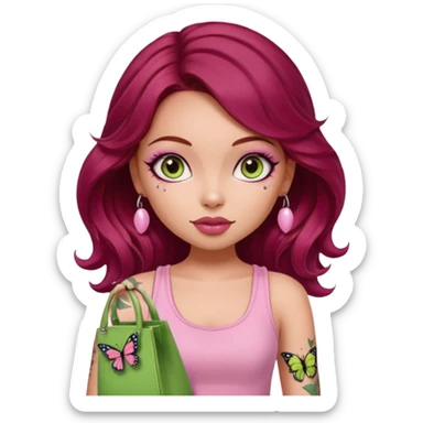 a pretty fair bratz girl with wavy dark red hair, wearing a pink tank top , carrying a matcha and a pink bag. eyeliner on. butterfly tattoo on arm sticker