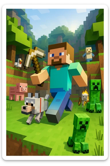 Recreate this Minecraft scene in very high resolution, keeping the same style, composition, and all characters and elements exactly as in the original image. No changes, just higher clarity and detail. Maintain the Minecraft pixelated block style and all original elements faithfully. sticker