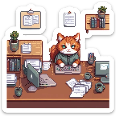 redhead cat at a desk with a MacBook, stacks of papers, looking stressed but cute, pixel art style sticker