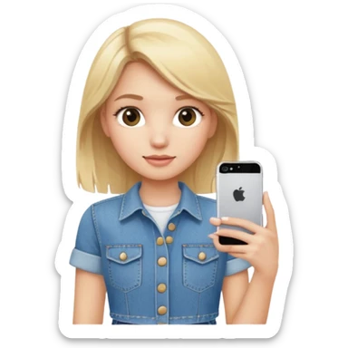 A blonde pretty girl wearing a denim skirt holding an iPhone 16 sticker