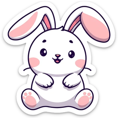 full-body plush toy bunny character with big round head, floppy ears, expressive cute eyes, laughing with closed eyes and little tears, soft kawaii pastel colors, hand-drawn Japanese stationery style kawaii sticker sticker