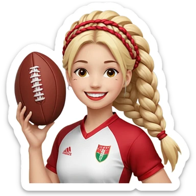 Chica de pelo rubio tirada en el suelo boca abajo agarrando un balón DE RUGBY con las manos vestida con una equipación de color rojo y blanco con líneas y con unas botas de tacos de fútbol, con un bucal en la boca y el pelo con trenzas, se la tienen que ver las 2 piernas y que sonría  sticker