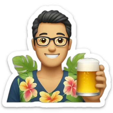 Japanese wearing glasses alohashirt is holding beer sticker