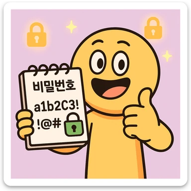 cartoon emoticon character holding a notebook with '비밀번호' (Korean for password), strong password 'a1b2C3!@#', secure lock icon, character giving thumbs-up, glowing lock icons in background, flat design, bright colors, pastel background, 360x360px, PNG sticker
