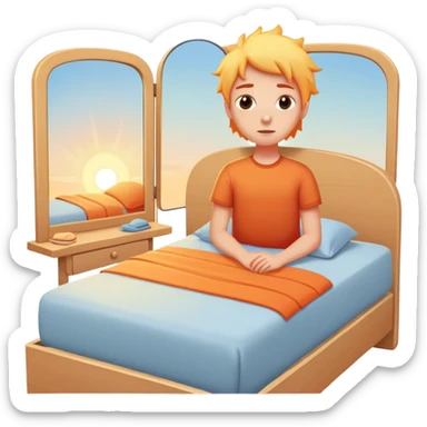A person stands beside their bed, rolling out groggily with determination. The bed behind them is neatly made, a mirror in front of them . A glowing sunrise outside signals the start of a productive day. sticker