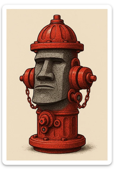 A creative hybrid design merging a fire hydrant and the Moyai statue, blending the hydrant's red color and nozzles with the stone face and blocky features of the Moyai statue. sticker