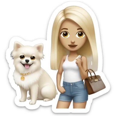 Blonde skinny girl with white pomeranian and Hermes birkin bag sticker