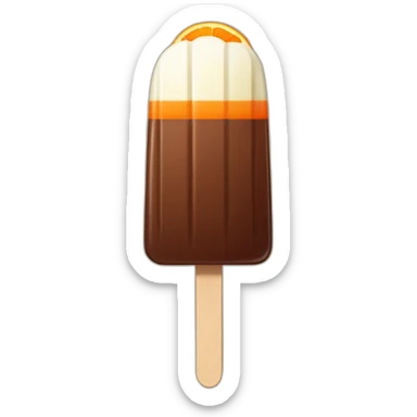 a popsicle with one orange stripe one white stripe and a chocolate top, and who has an arm wearing a sword sticker