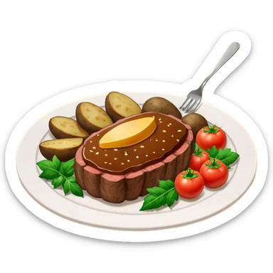 prato de jantar de buffet com pedaços de bife, batatas inglesas cortadas e vegetais verdes (como brocolis e tomates pequenos) sticker