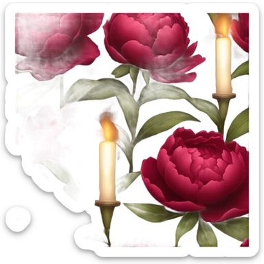 A cluster of deep red peonies and a flickering candle, tied together with a delicate lace ribbon sticker