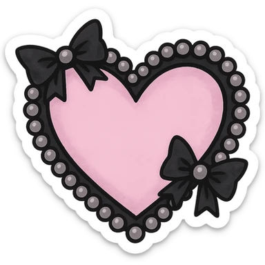 pastel goth heart with black bows and pearls, soft pink and black, cute gothic style sticker