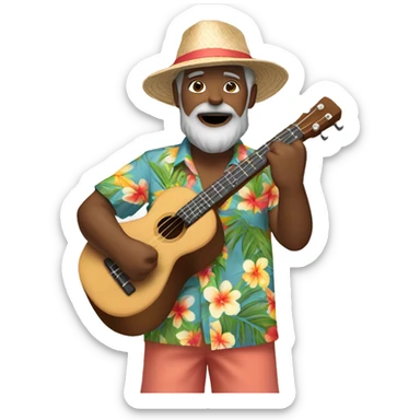 Hawaiian dark-skinned man playing ukulele 57 years old wearing Hawaiian shirt shorts beard with gray hair and hat sticker