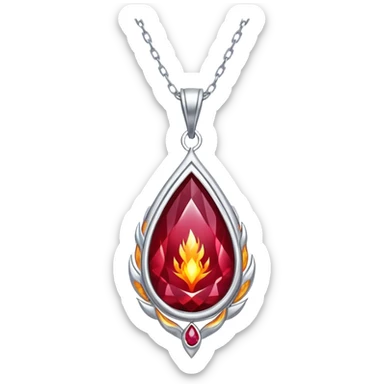 cosmic phoenix talisman: teardrop ruby radiating rebirth energy, ember edges, silver chain floating sticker