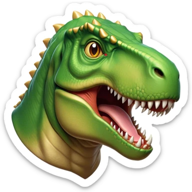 Cinematic Noble T-rex Portrait Emoji, Poised and commanding, with a massive, powerful head, a robust, muscular body, tiny, determined arms, and a fearsome yet noble gaze, Simplified yet sharply defined features, highly detailed, glowing with a cool, primal radiance, high shine, intelligent and formidable, stylized with an air of ancient predatory authority, focused and vigilant, soft glowing outline, capturing the essence of a watchful and confident T-rex that appears ready to roar out of the screen with effortless might! sticker