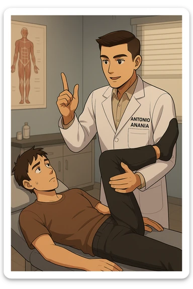 fai un webtoon manga a colori con questo stile, in cui un uomo è steso sul lettino medico e il kinesiologo con il camice bianco (fagli anche la scritta "ANTONIO ANANIA" SUL CAMICE, gli solleva una gamba per fargli il test neuromuscolare, IL KINESIOLOGO SPIEGA ALL'UOMO UNA cosa mentre gli alza la gamba. non fare i fumetti però, fai solo in modo che sembri stiano parlando sticker