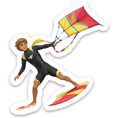 A kite surfer soaring above the waves, holding onto a kite with the wind in full force. The background showcases the ocean and sky, emphasizing the freedom, thrill, and energy of the sport. The motion of the kite and board is dynamic, capturing the excitement of kiting. sticker